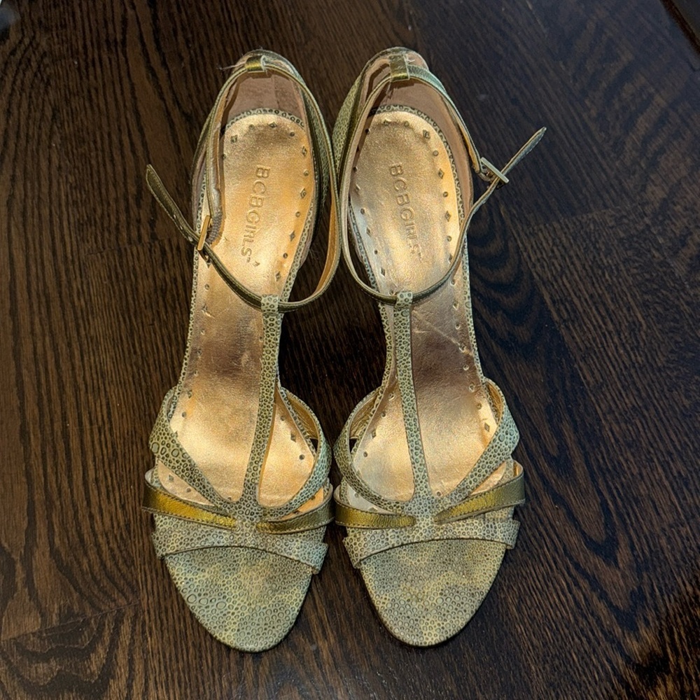 BCBGirls Metallic Gold T-Strap Open-Toe Heels